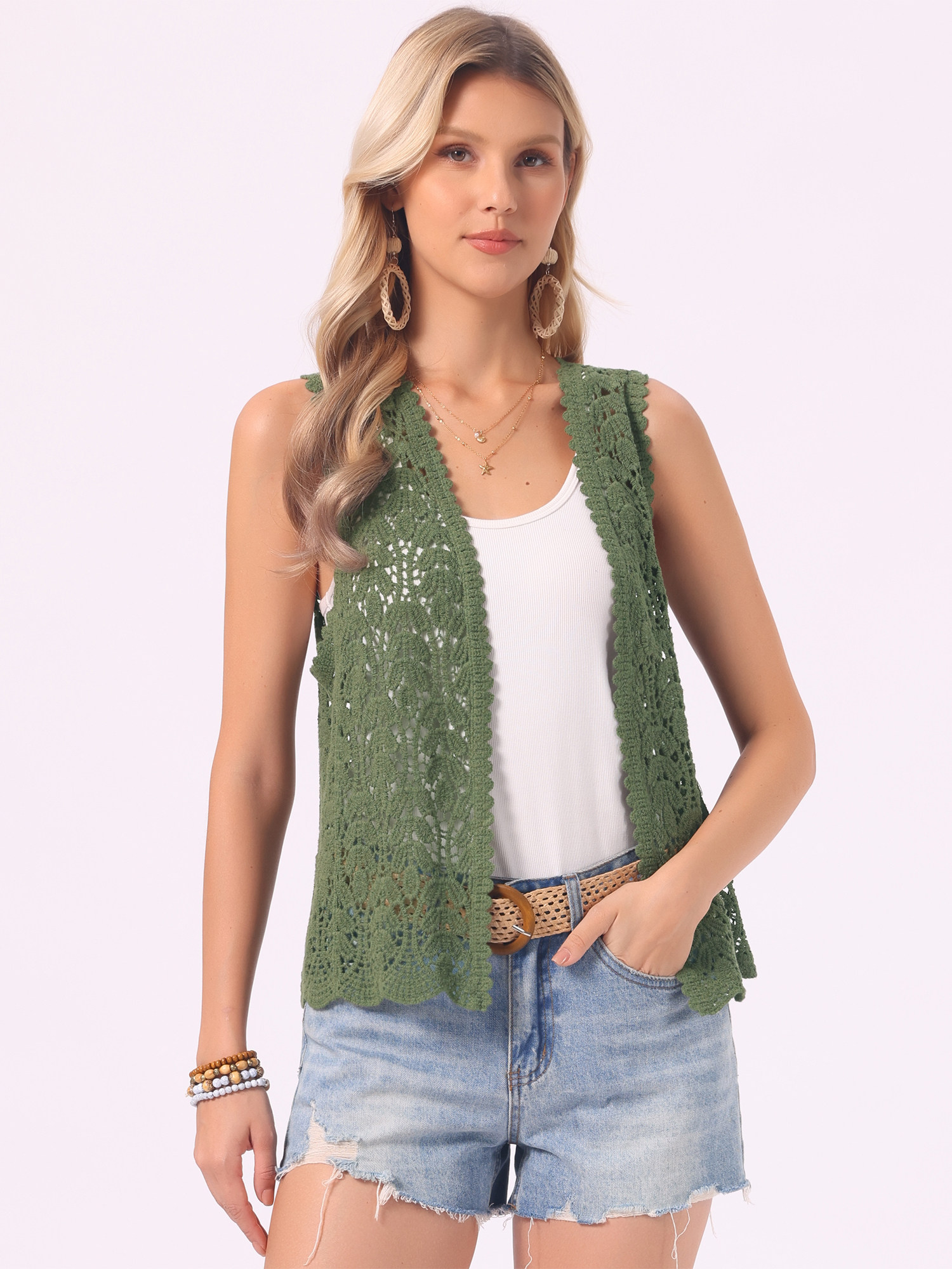 Floral Crochet Hollow Out Sleeveless Open Front Boho Vest Cardigan Army Green/XL - Allegra K catalog