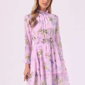 Floral Chiffon Long Sleeve Mock Neck Ruffle Layered Mini Dress Pink Purple/M - Allegra K catalog