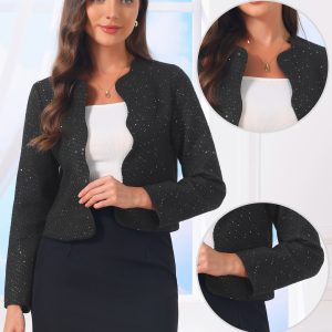 Tweed Collarless Open Front Work Business Cropped Jackets Black/L - Allegra K catalog