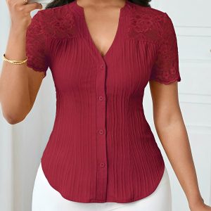 Lace Patchwork Short Sleeves Casual Blouse Burgundy/S - Allegra K catalog