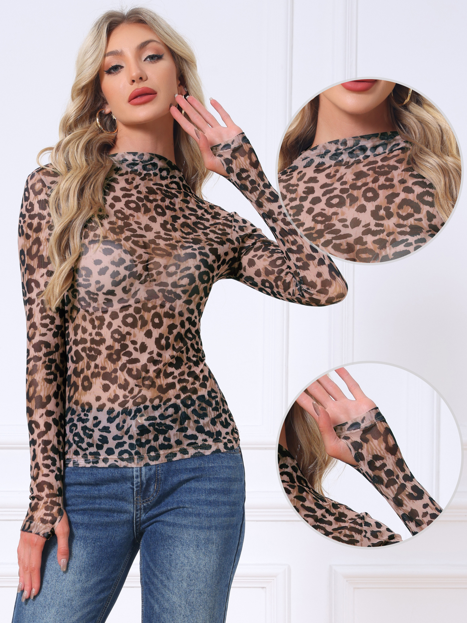 Mesh Leopard Print Mock Neck Sheer Blouse Brown Leopard Print/S - Allegra K catalog