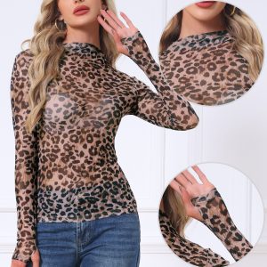 Mesh Leopard Print Mock Neck Sheer Blouse Brown Leopard Print/L - Allegra K catalog