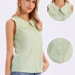 Ruffled Peter Pan Collar Sleeveless Button Down Blouse Green/XL - Allegra K catalog