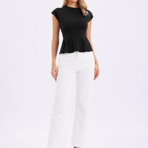 Cotton Cap Sleeve Crew Neck Business Work Peplum Blouse Black/L - Allegra K catalog