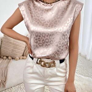 Leopard Print Satin Cap Sleeve Round Neck Blouse Pink Leopard/XS - Allegra K catalog
