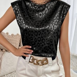 Leopard Print Satin Cap Sleeve Round Neck Blouse Black/M - Allegra K catalog