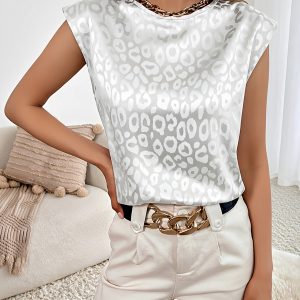Leopard Print Satin Cap Sleeve Round Neck Blouse White/L - Allegra K catalog