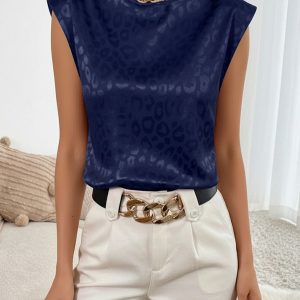Leopard Print Satin Cap Sleeve Round Neck Blouse Dark Blue/XS - Allegra K catalog