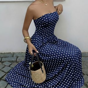 Strapless Polka Dots Smocked Back A-Line Midi Dress Navy Blue/M - Allegra K catalog