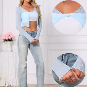 Long Sleeves Lightweight Sheer Textured Cropped Bolero Shrug Light Blue/XL - Allegra K catalog