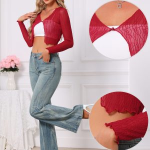 Long Sleeves Lightweight Sheer Textured Cropped Bolero Shrug Red/XS - Allegra K catalog