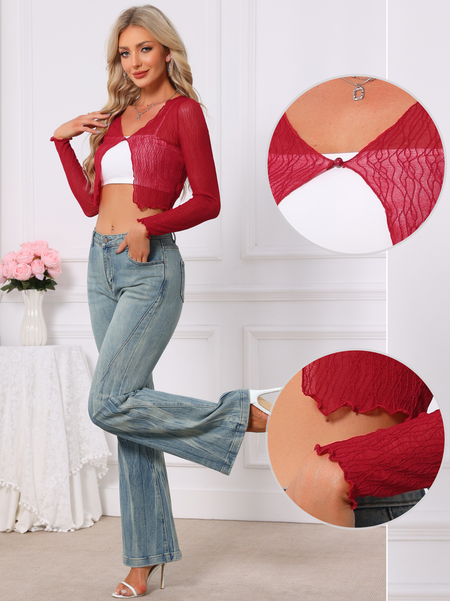 Long Sleeves Lightweight Sheer Textured Cropped Bolero Shrug Red/XS - Allegra K catalog
