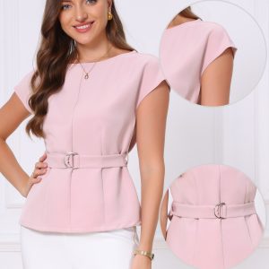 Cap Sleeve Boat Neck Office Work Belted Tops Dark Pink/XL - Allegra K catalog