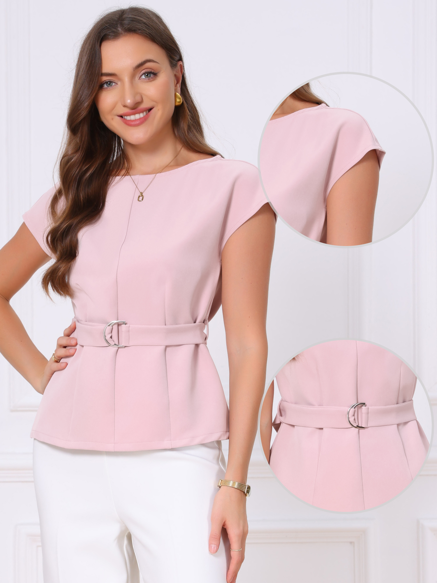 Cap Sleeve Boat Neck Office Work Belted Tops Dark Pink/XL - Allegra K catalog