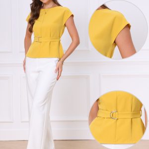 Cap Sleeve Boat Neck Office Work Belted Tops Yellow/XS - Allegra K catalog