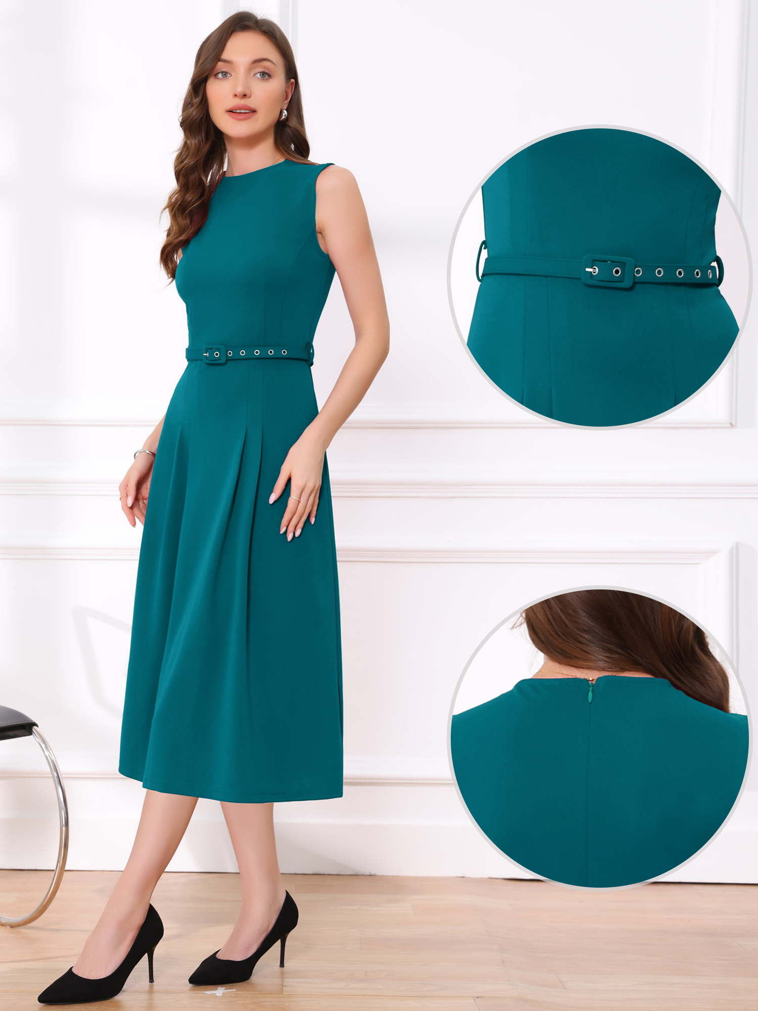 Work Sleeveless Crew Neck Belted A-Line Office Dress Lake Blue/M - Allegra K catalog