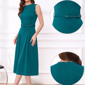 Work Sleeveless Crew Neck Belted A-Line Office Dress Lake Blue/XL - Allegra K catalog