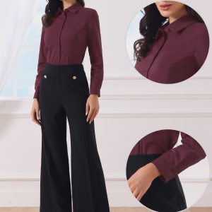 Long Sleeve Leotard Shirt Business Work Button Down Bodysuit Burgundy/M - Allegra K catalog