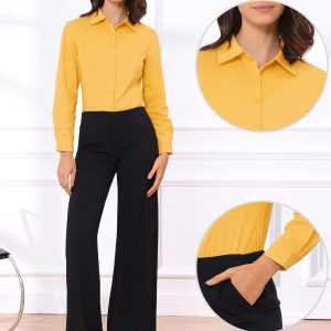Long Sleeve Leotard Shirt Business Work Button Down Bodysuit Yellow/XS - Allegra K catalog