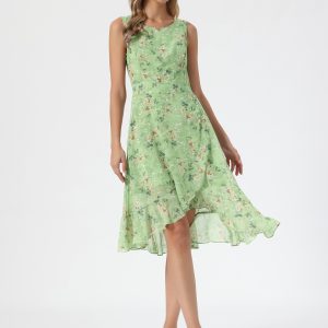 Wrap Ruffle High Low Hem Round Neck Sleeveless Floral Dress Green/XL - Allegra K catalog