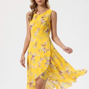 Wrap Ruffle High Low Hem Round Neck Sleeveless Floral Dress Yellow/XS - Allegra K catalog