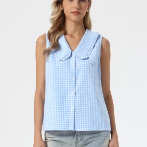 Gingham Ruffle Peter Pan Collar Sleeveless Blouse Light Blue/XS - Allegra K catalog