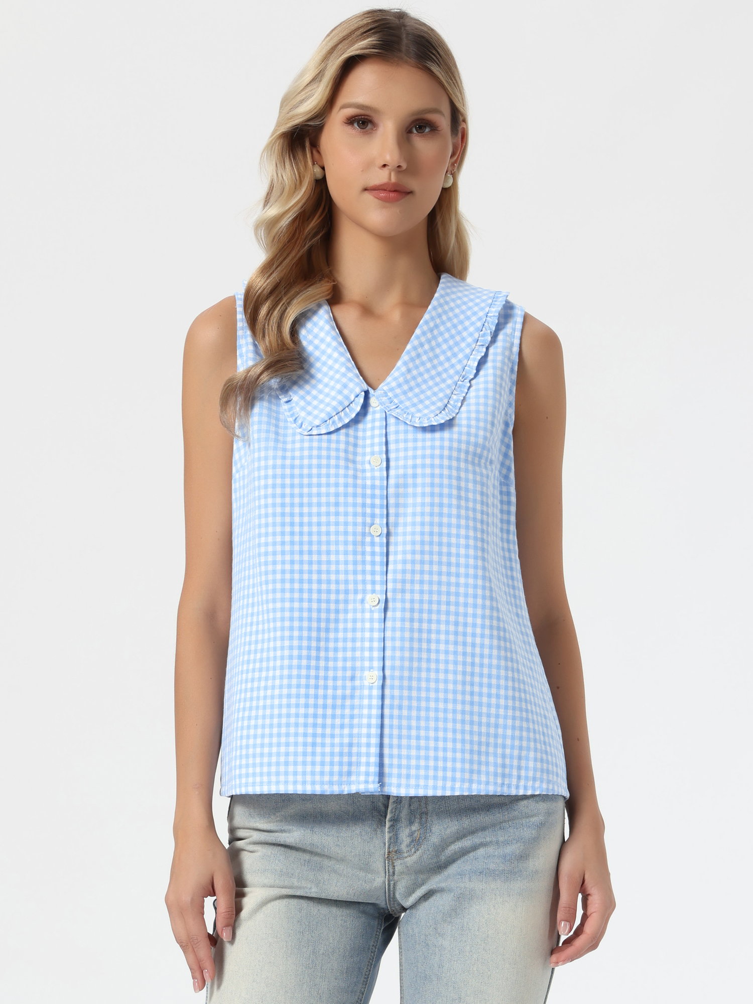 Gingham Ruffle Peter Pan Collar Sleeveless Blouse Light Blue/L - Allegra K catalog
