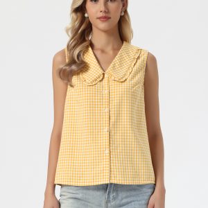 Gingham Ruffle Peter Pan Collar Sleeveless Blouse Yellow/L - Allegra K catalog