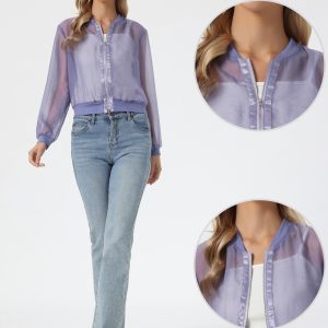 Zip Up See Through Lightweight Long Sleeve Mesh Bomber Jacket Dusty Purple/S - Allegra K catalog