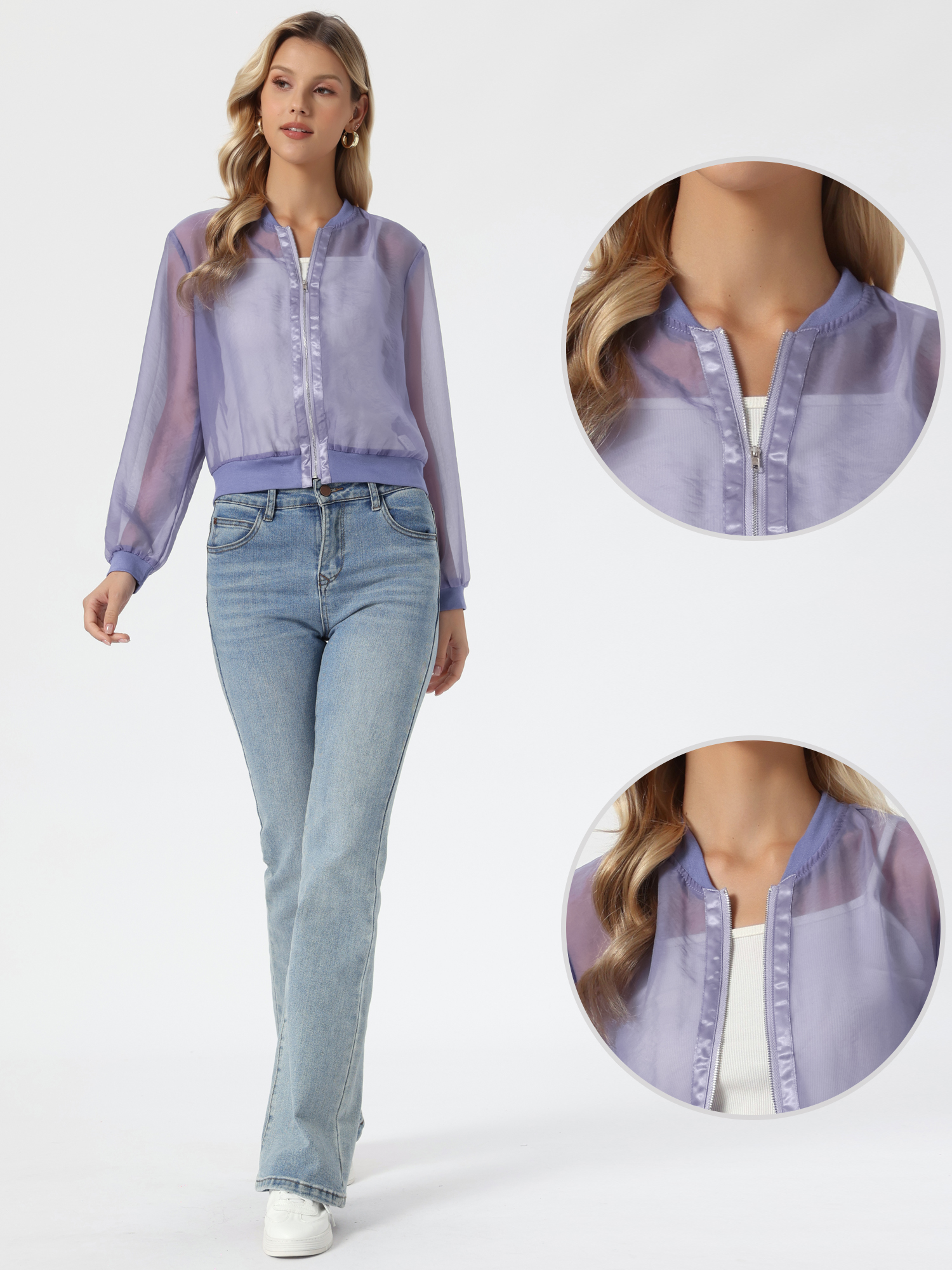 Zip Up See Through Lightweight Long Sleeve Mesh Bomber Jacket Dusty Purple/S - Allegra K catalog