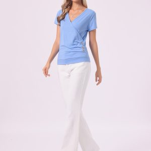 Wrap V Neck Short Sleeve Button Decor Ruched Top Light Blue/XL - Allegra K catalog