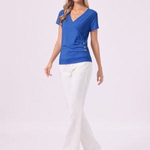 Wrap V Neck Short Sleeve Button Decor Ruched Top Royal Blue/XL - Allegra K catalog
