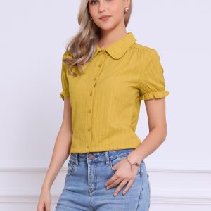 Cotton Frilled Top Turndown Collar Solid Blouse Shirt Yellow/S - Allegra K catalog