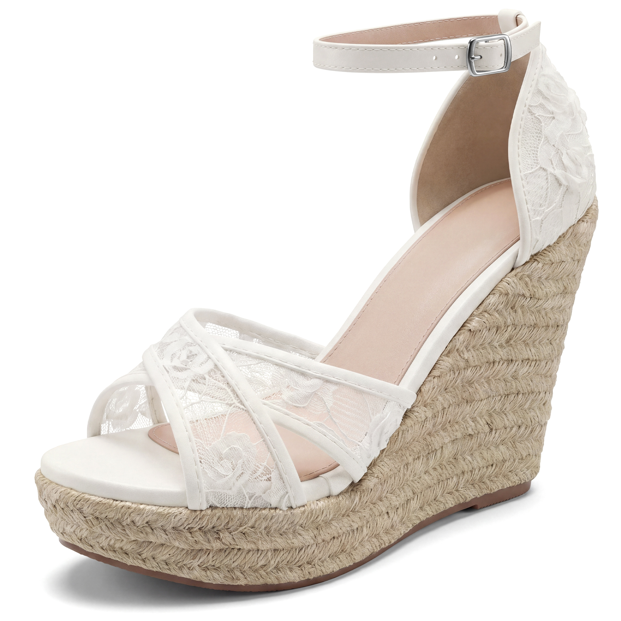 Lace Strapy Round Toe Espadrilles Wedges Sandals Flower White/7 - Allegra K catalog
