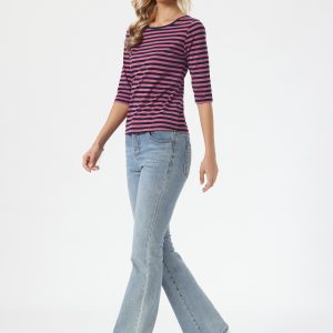 Striped 3/4 Sleeve Round Neck Casual T-Shirt Black Pink-Striped/L - Allegra K catalog