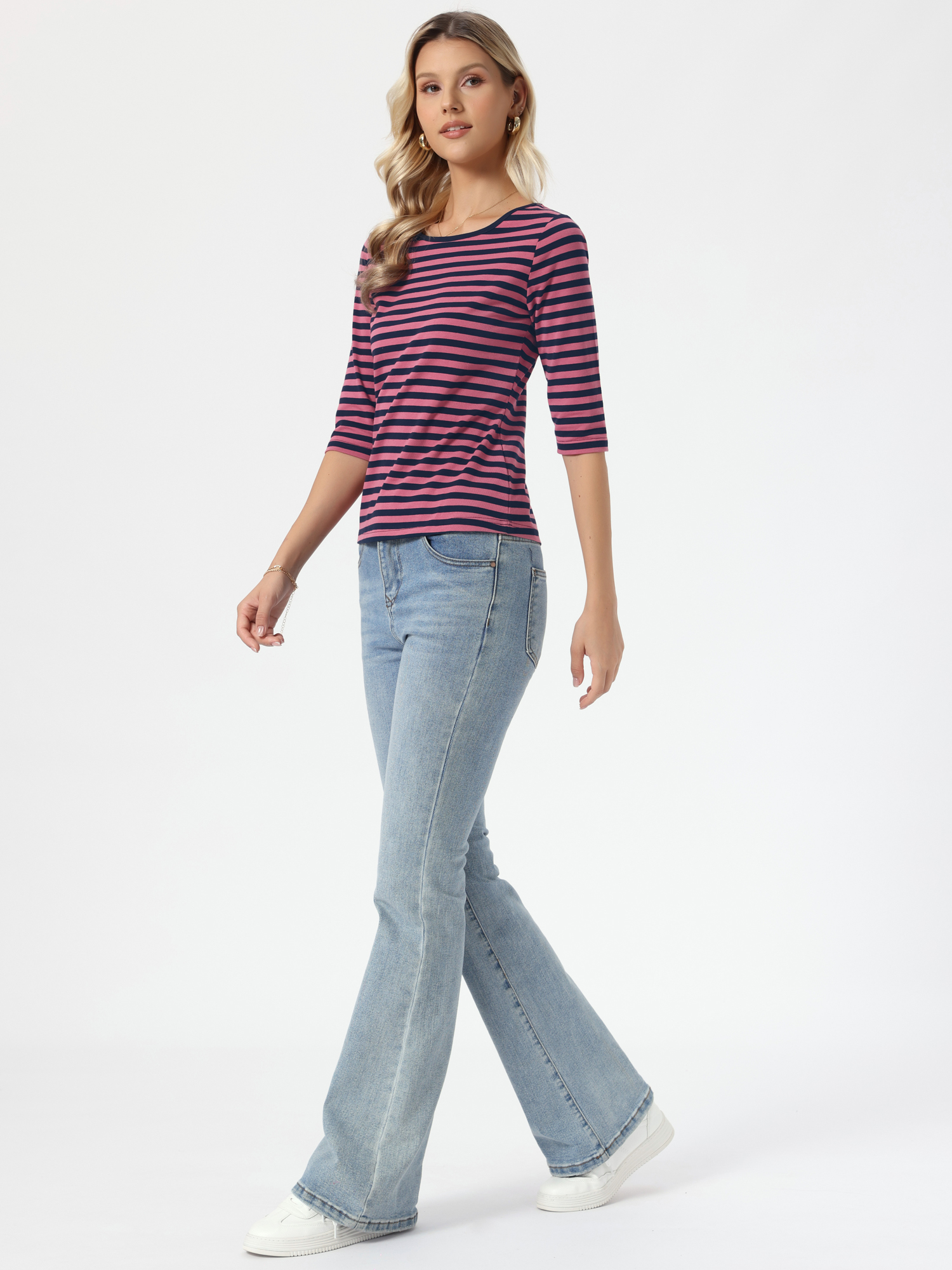 Striped 3/4 Sleeve Round Neck Casual T-Shirt Black Pink-Striped/XL - Allegra K catalog