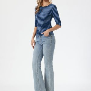 Striped 3/4 Sleeve Round Neck Casual T-Shirt Dusty Blue-Striped/S - Allegra K catalog
