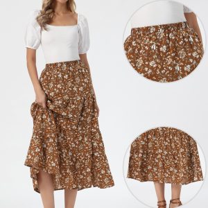 Floral Elastic Waisted Slit A-Line Tiered Long Skirts Brown/S - Allegra K catalog