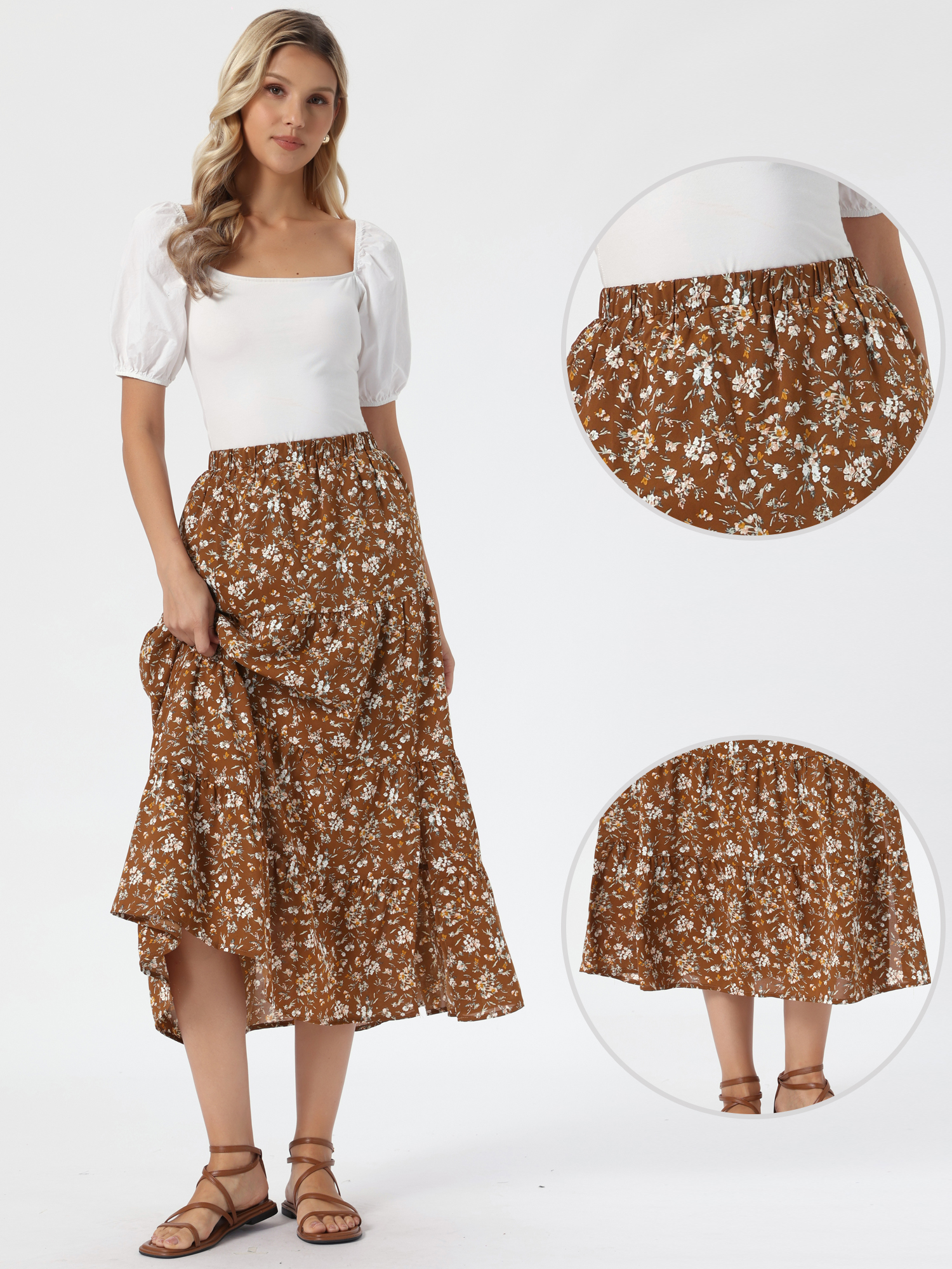 Floral Elastic Waisted Slit A-Line Tiered Long Skirts Brown/L - Allegra K catalog