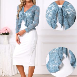 Floral Lace Shrug Tie Front Ruffled Hem Sheer Crop Bolero Blue/M - Allegra K catalog