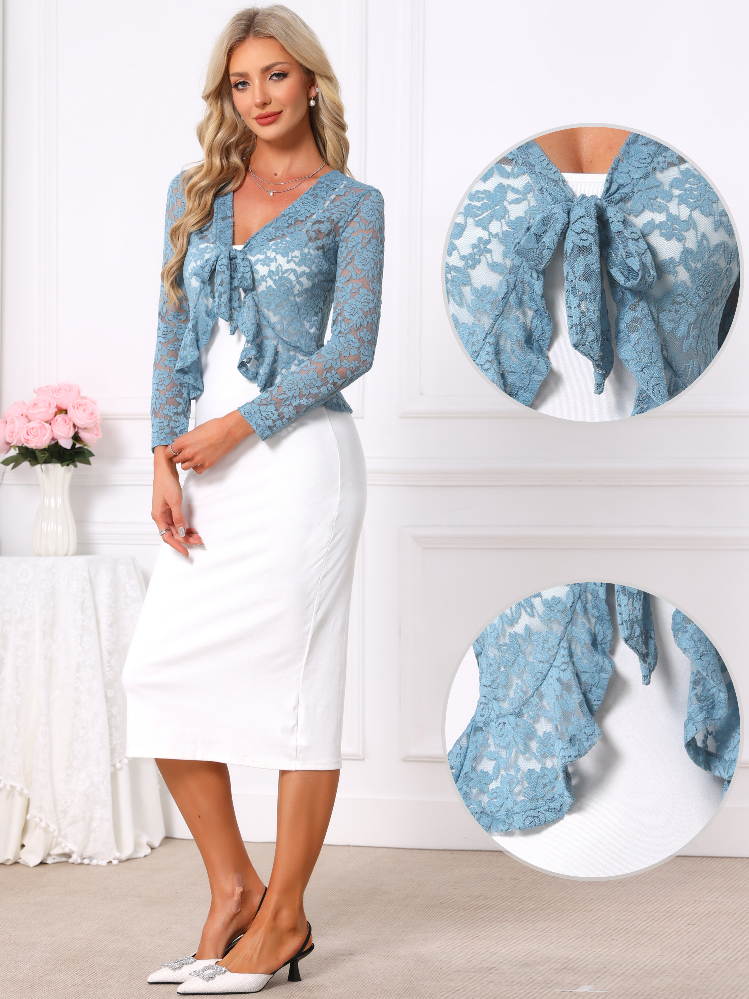 Floral Lace Shrug Tie Front Ruffled Hem Sheer Crop Bolero Blue/M - Allegra K catalog