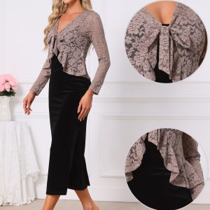Floral Lace Shrug Tie Front Ruffled Hem Sheer Crop Bolero Grey Pink/XL - Allegra K catalog