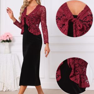 Floral Lace Shrug Tie Front Ruffled Hem Sheer Crop Bolero Dark Red/M - Allegra K catalog