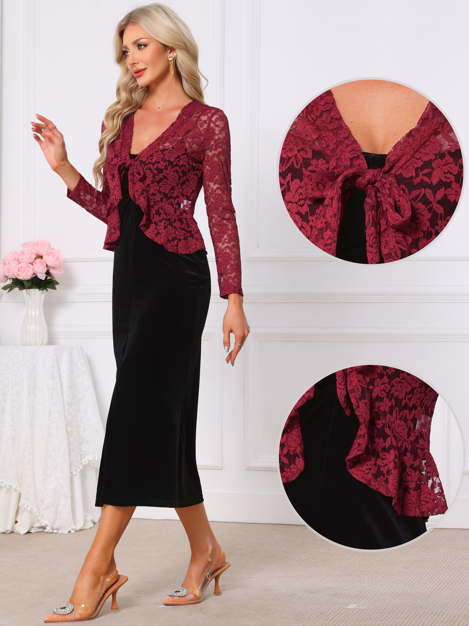 Floral Lace Shrug Tie Front Ruffled Hem Sheer Crop Bolero Dark Red/XL - Allegra K catalog