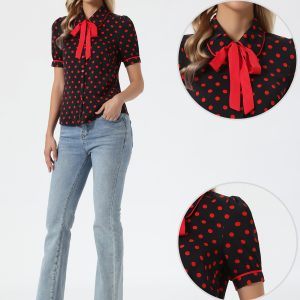 Polka Dot Peter Pan Collar Bow Tie Neck Puff Sleeve Vintage Shirt Black Red/XS - Allegra K catalog