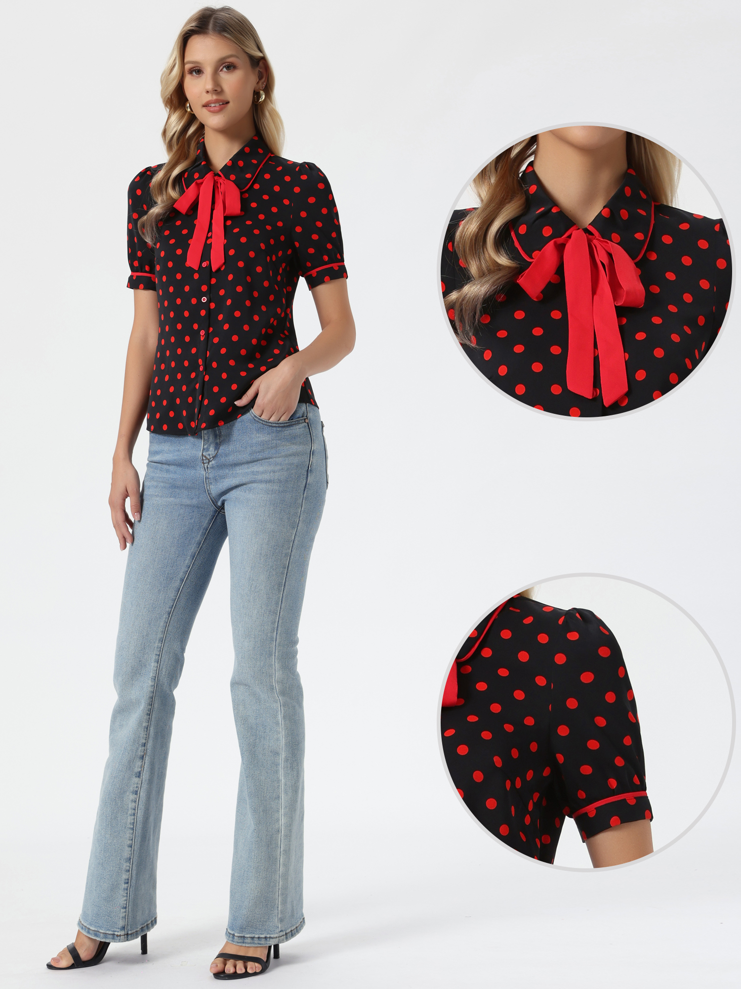 Polka Dot Peter Pan Collar Bow Tie Neck Puff Sleeve Vintage Shirt Black Red/L - Allegra K catalog