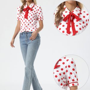 Polka Dot Peter Pan Collar Bow Tie Neck Puff Sleeve Vintage Shirt White Red/L - Allegra K catalog