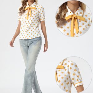Polka Dot Peter Pan Collar Bow Tie Neck Puff Sleeve Vintage Shirt White Yellow/XS - Allegra K catalog