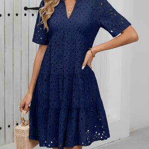 Eyelet Cotton Notch Neck Puff Sleeves Tiered Midi Dress Navy Blue/S - Allegra K catalog