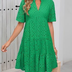 Eyelet Cotton Notch Neck Puff Sleeves Tiered Midi Dress Green/L - Allegra K catalog